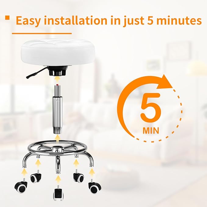 Rolling Stool PU Leather Round - Ultra Soft Padded Seat Cushion Stool with Wheels with Footrest, Weight Capacity 300lb,Adjustable Height Stool for Tattoo Massage Salon Medical Spa Center (White)