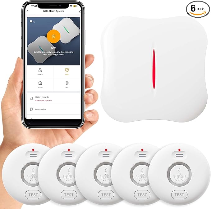 WiFi Water Leak Detectors 5 Pack, 120dB Adjustable Loud Water Leak Sensor, Wireless Wi-Fi Water Leak & Drip Alarm, App Alerts, 5 Water Alarm Sensors & 1 Hub for Home Kitchen, Bathroom, Sink, Laundry