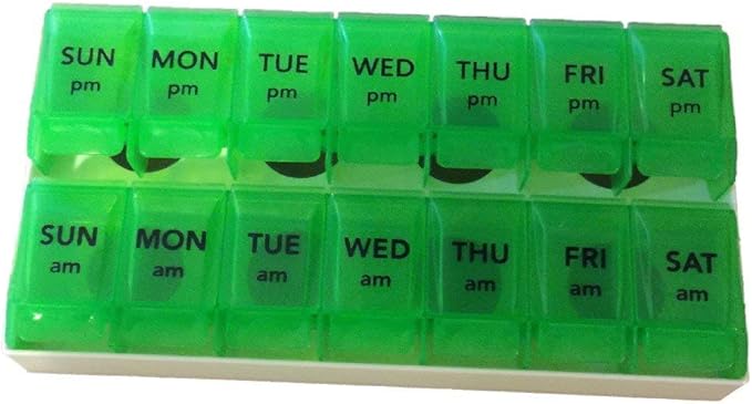 Apex 7- Day Push to Open Pill Organizer, 1x Per Day or AM/PM (AM/PM with Tray, Green)