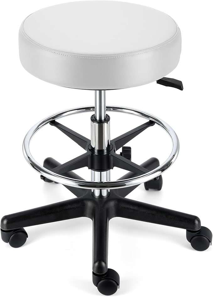 JMU Round Rolling Stool with Foot Rest,Ultra Soft PVC Leather Large Seat,Heavy Weight Capacity 400lbs, Adjustable Height for Tattoo Salon Spa Office Dentists Healthcare(White)