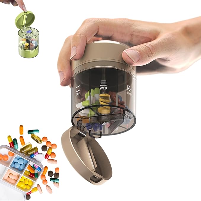 3-in-1 Travel Pill Organizer, Clutter Box Pill Organizer,Cute Pill Dispenser with 7 Large Compartments, Portable Pill Bottle Organizer with Wide Opening with Cutter (Brown)