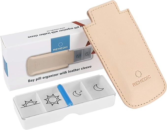 Remedic Daily Pill Dispenser BPA-Free Large Clear Compartments Travel Medicine Organizer Case with Slide Open 4-Times-a-Day Vitamins Supplements Holder Gift Set Include Leather Sleeve…