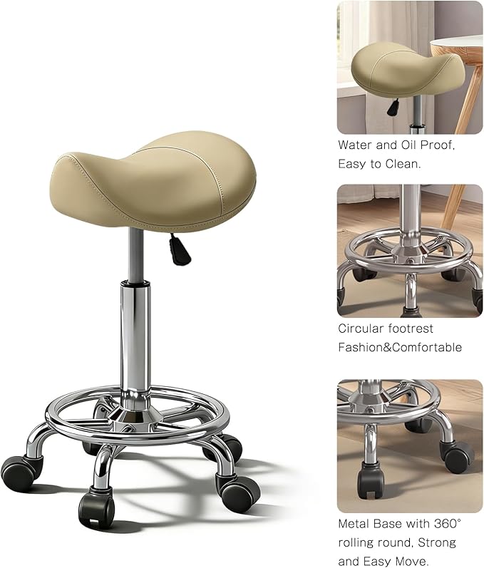 Saddle Stool with Ring Pedal, Adjustable Hydraulic Rolling Chair with Wheels for Medical, Massage, Salon, Spa, Kitchen, and Drafting Use