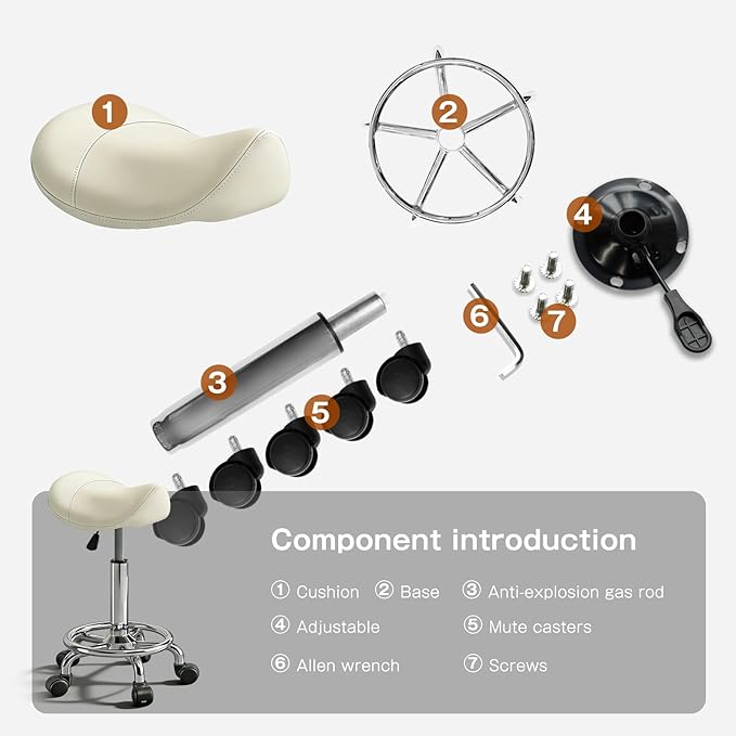 Saddle Stool with Ring Pedal, Adjustable Hydraulic Rolling Chair with Wheels for Medical, Massage, Salon, Spa, Kitchen, and Drafting Use