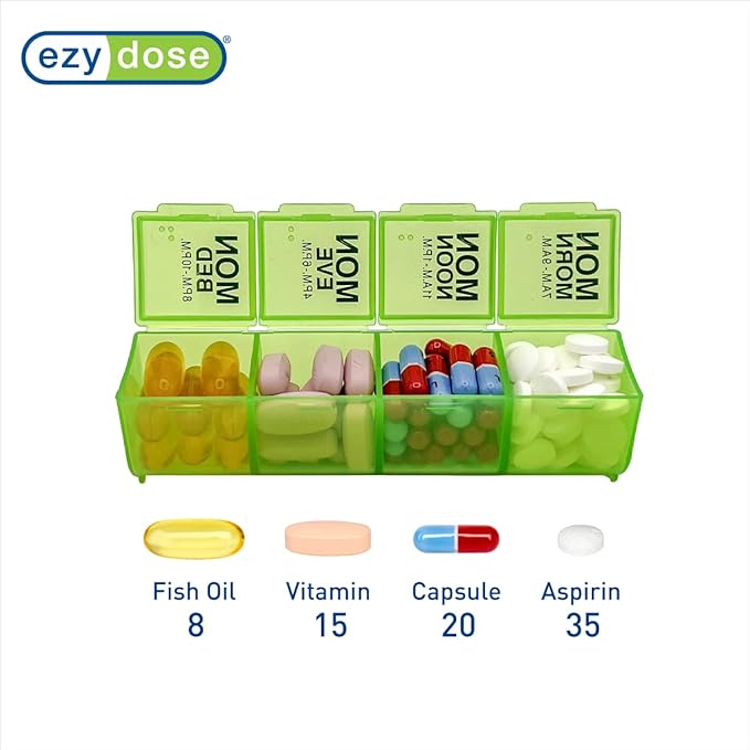 Ezy Dose Weekly (7-Day) Pill Organizer, Vitamin and Medicine Box, Large Pop-Out Compartments, 4 Times a Day, Green (Pack of 2)