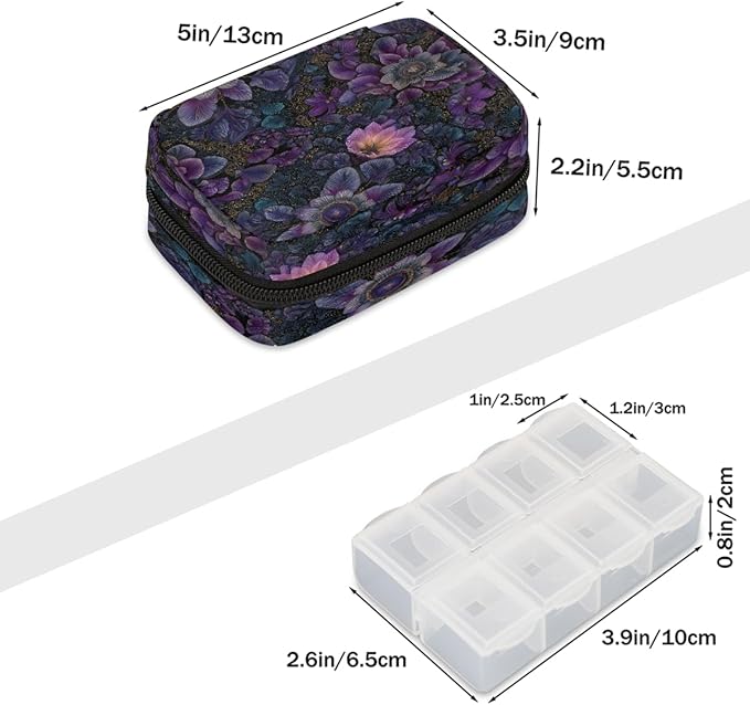 Purple Floral Mandala Pill Case Travel Pill Organizer Weekly 7 Day Portable with Zipper Medicine Box Pill Case for Vitamins, Birth Control,Fish Oils,Medication, Supplements