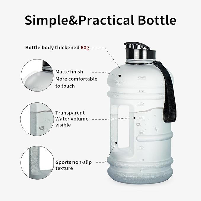 TOOFEEL 2 Liter Water Bottles - Big Water Jugs - 2.2L 74oz LeakProof - Clear Matte