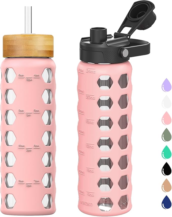MUKOKO Glass Water Bottles, 24oz Glass Tumbler with Straw, Drinking Bottles with 2 Lids-Handle Spout Lid&Bamboo Straw Lid, Motivational Water Bottle with Time Marker and Silicone Sleeve, 1 Pack-Pink