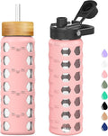 MUKOKO Glass Water Bottles, 24oz Glass Tumbler with Straw, Drinking Bottles with 2 Lids-Handle Spout Lid&Bamboo Straw Lid, Motivational Water Bottle with Time Marker and Silicone Sleeve, 1 Pack-Pink