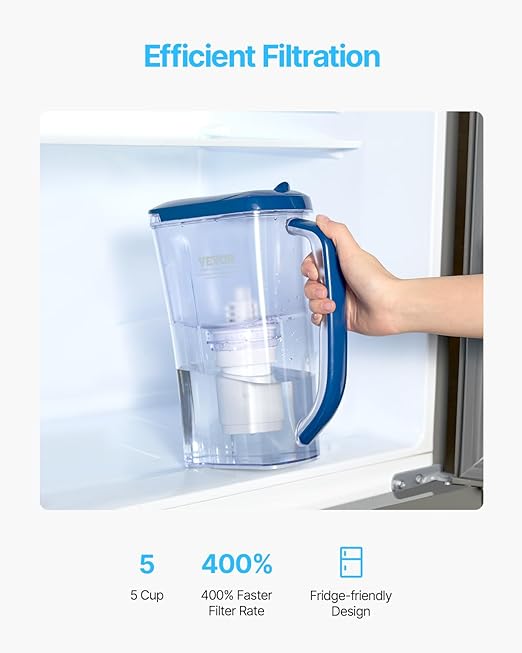 VEVOR Water Filter Pitcher, 9 Cup 5-Stage Water Filter Dispenser, Fast Filtration System with Filter Change Indicator, No BPA, Lasts 3 Months or 40 Gallons, Reduces Limescale, Lead, Chlorine, Odors
