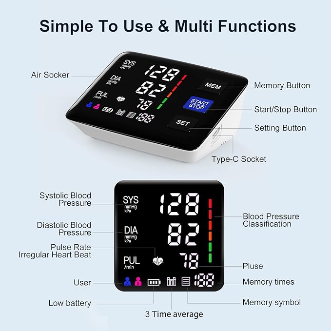 Blood Pressure Monitor, 9-17'' & 13-21'' Extra Large Blood Pressure Cuff Upper Arm, LED Color Backlit Screen Automatic Digital Blood Pressure Machine with USB Cable and 4 AAA Batteries