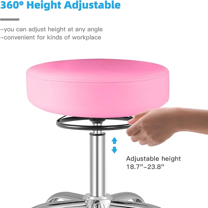 Rolling Stool with Wheels 400lbs Weight Capacity,Heavy Duty Lash Chair Adjustable for Tatoo Lab Massage Salon Spa Drafting Nail Teach,360 Swivel,Leather,Thick Seat Padding (Pink)