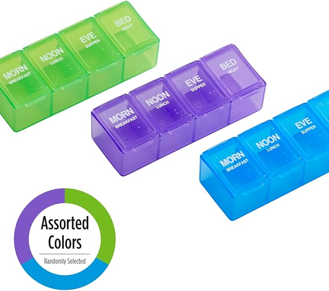 EZY DOSE Daily Pill Case, Medicine Planner, Vitamin Organizer Box, 4 Labeled Compartments, 4 Times a Day, Color May Vary, BPA Free