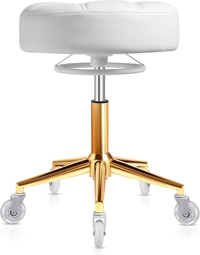 Rolling Stool Heavy Duty 450lbs - Reinforced with Golden Alloy Steel, Super Soft Thick Cushion, 360° Swivel, Smooth Rolling NO Noises, Adjustable Stool with Wheels for Massage Tattoo Spa, (White)