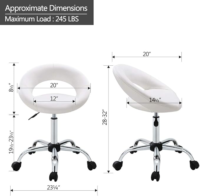 DUHOME Adjustable Swivel Work Stool Task Chairs,White Massage Salon Home Office Facial Spa Medical Chair Stool Backrest Cushion & Wheels