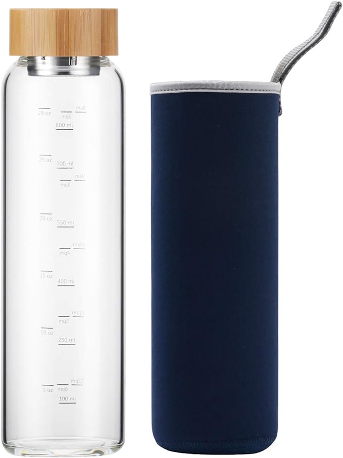 sunkey Glass Water Bottle 32 oz Wide Mouth with Sleeve Bamboo Lid Motivational Water Bottle With Time Marker Reusable Safe for Hot Cold Drinks Bpa Free (Navy Blue)