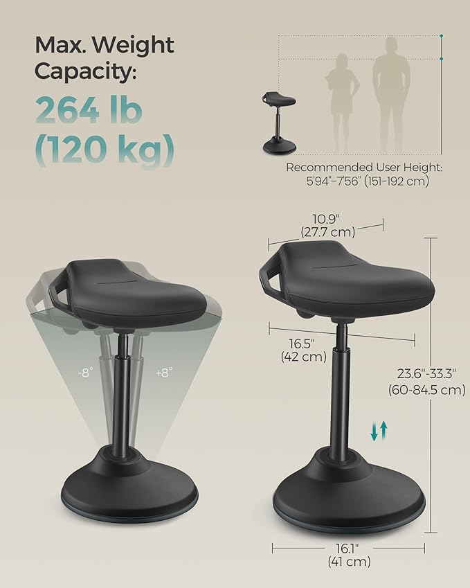 SONGMICS Ergonomic Wobble Stool, Height Adjustable Standing Desk Stool 23.6-33.3 Inches, Swivel Balance Chair with Non-Slip Base, Standing Chair, for Active Sitting, Office, Home, Ink Black UOSC12BK