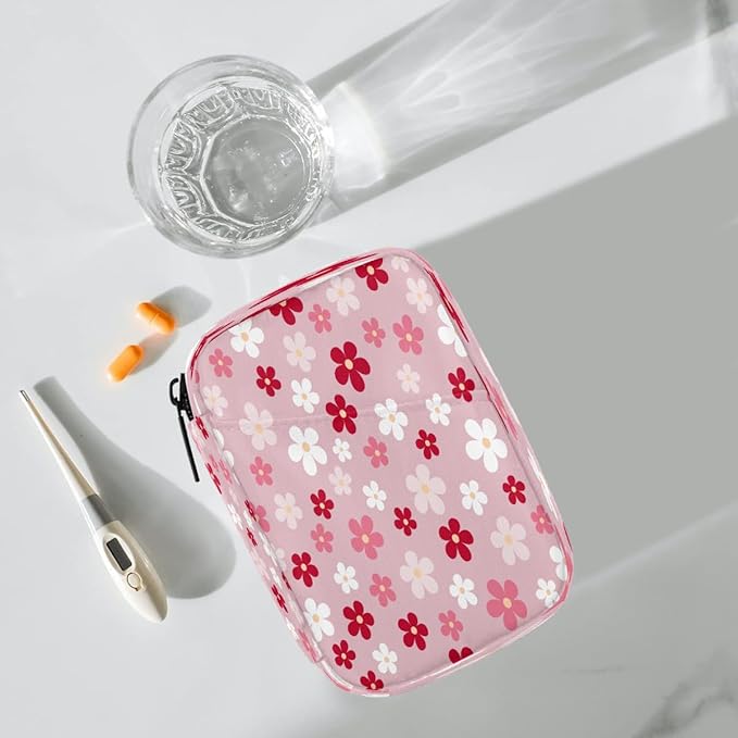 Flower Pink Pattern Pill Case Travel Pill Organizer Weekly 7 Day Portable with Zipper Medicine Box Pill Case for Vitamins, Birth Control,Fish Oils,Medication, Supplements