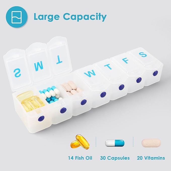 Extra Large Weekly Pill Organizer 1 Time a Day, Travel Pill Box 7 Day, Portable Pill Case with Push Button, Daily Pill Dispenser for Medication Vitamins Fish Oil Supplements