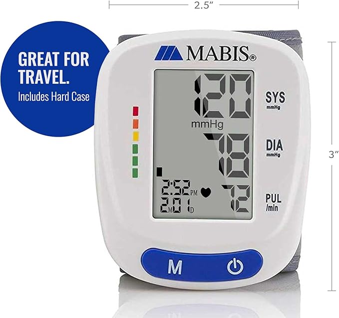Mabis Digital Premium Wrist Blood Pressure Monitor with Automatic Wrist Cuff that Displays Blood Pressure, Pulse Rate and Irregular Heartbeat, Stores up to 120 Readings
