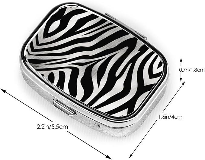 Square Pill Box 2 Compartment Medicine Pill Case Zebra Print Pill Box for Purse Pocket Waterproof Metal Pill Container Portable Pill Holder Mini Pill Organizer for Travel or Daily