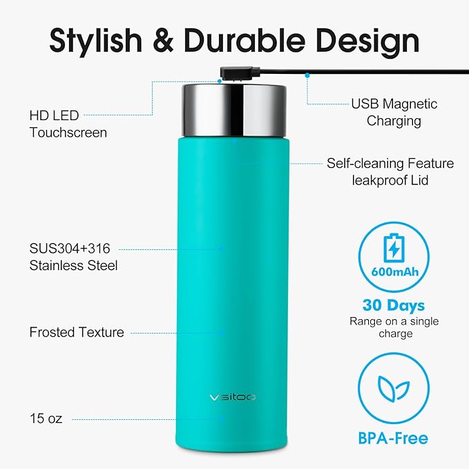Vsitoo Smart self cleaning Insulated Water Bottle, 15oz Stainless Steel Vacuum Flask, AI Self-Clean, 30-Day Battery Life, BPA-Free, Magnetic Charging, Portable Travel Mug Gifts for Men Women, Blue