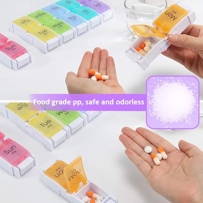 AM PM Pill Organizer 2 Times a Day, 7 Removable Daily Pill Cases with Permanent Printed Labels, Large Capacity for Fish Oil & Vitamins, BPA-Free Travel Medicine Holder for Seniors & Daily Use (1 Week)