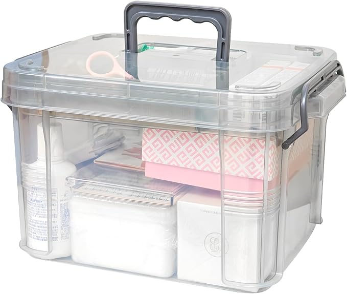 15qt Multi-Color Clear Medicine Organizer Storage Box (with Tray) - Thickened Plastic Empty First Aid Case + Handle | Portable Multipurpose Medical Caddy (Gray)
