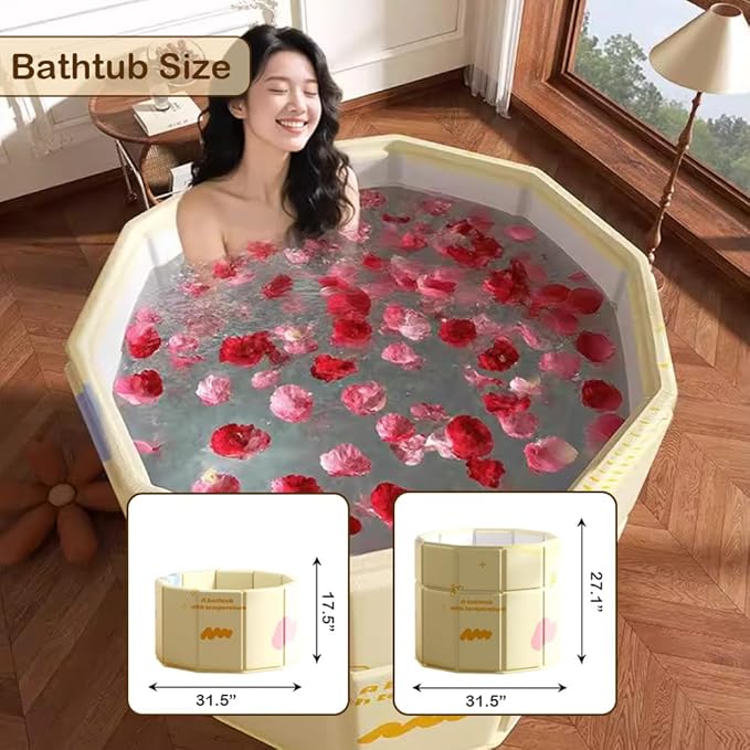 Portable Step-In Round Bathtub for Adults No Installation 31.5"L x 27.1"H Foldable Soaking Bath Tub for Shower Stall, Cold Plunge Collapsible Hot Ice Home SPA Tub (Yellow, 31.5"L x 27.1"H)