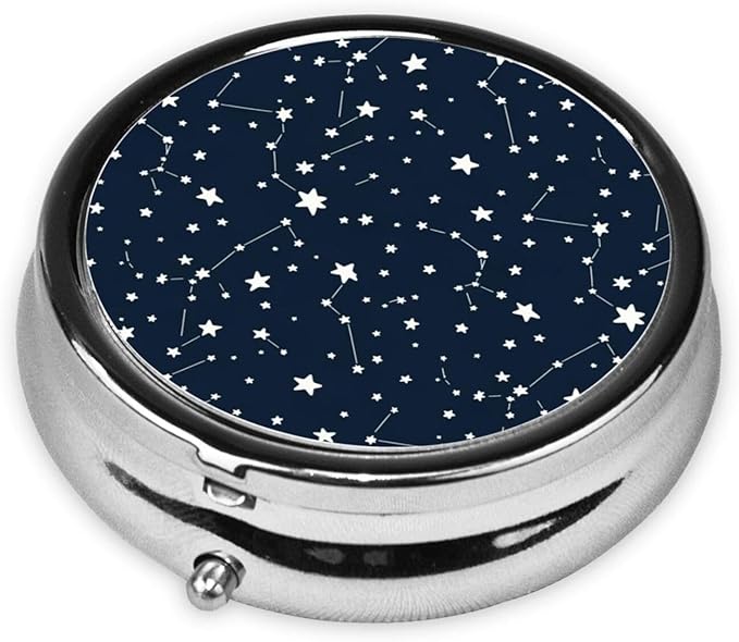 Round Pill Organizer, Portable Travel Pill Case, Purse Pill Box Hold for Pills, Jewelry, Beads, Paper Clips, Constellation Galaxy Starry Night Stars Glow in The Dark Midnight