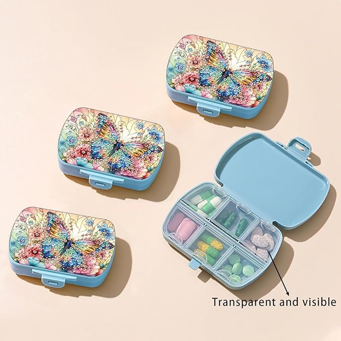 C'eitura DIY Flower Butterfly Diamond Art Painting Blue Pill Organizer with 6 Lid Detachable Compartments, Fun DIY Craft Project for Adults, Elegant Pill Case for Purse & Travel