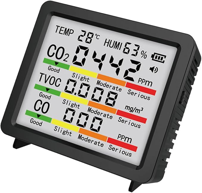 Fabater Air Quality Monitor, 5 in 1 Multifunction Real Time Portable Smart CO2 Monitor, Air Quality Tester with LCD Display and Flexible Placement for Home Office Car Hotel (Black)