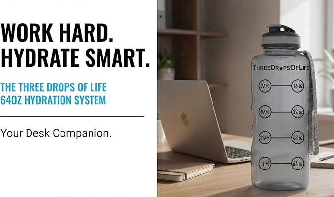 Three Drops of Life 64oz Tritan Plastic Water Bottle, Large, Smoke Gray, High Capacity Hydration Tracker, BPA Free, Reusable, Best for Indoor, Outdoor, Sports Use