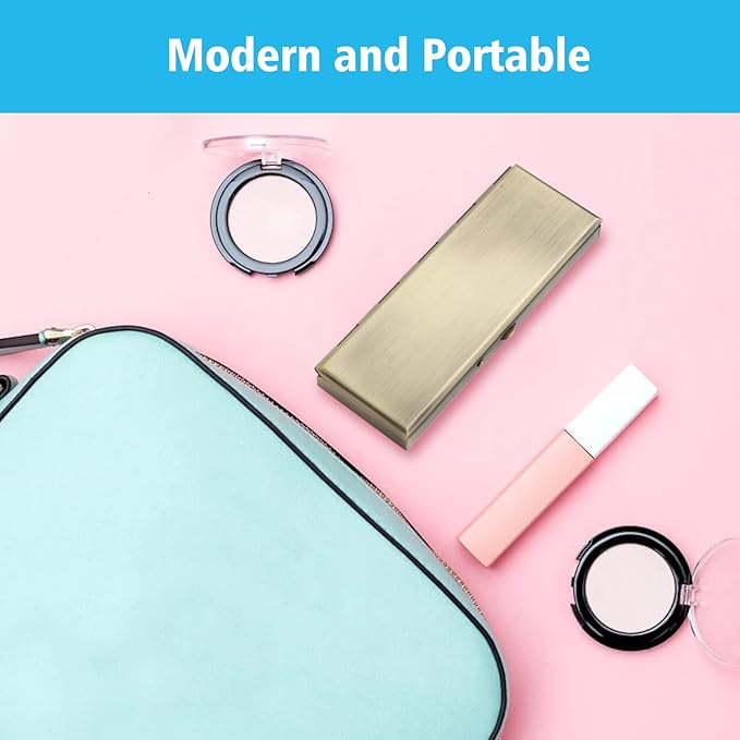 7 Day Pretty Mini Metal Pill Organizer Pill Box with Spring Open Design and 7 Compartment to Hold Vitamins Cod Liver Oil Supplements and Medication(Bronze)