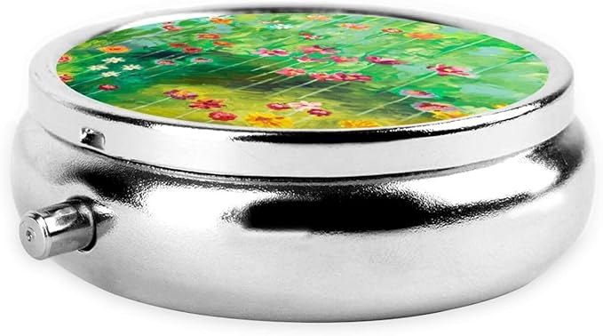 Metal Silver 3 Compartment Pill Box Pocket Portable Mini Travel Pill Case Small Round Decorative Medicine Box Vitamin Pill Organizer with Oil Painting Flower