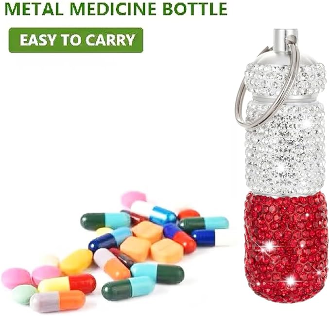 Bling Pill Case Portable Travel Pill Container Bottle Rhinestone Waterproof Small Pill Holder with Keychain Cute Mini Pill Storage Box (White red)