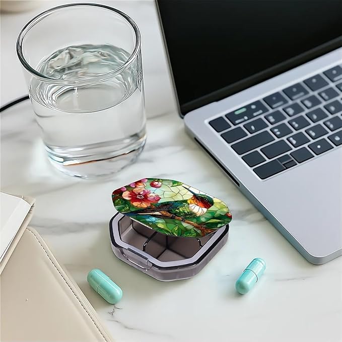 This Portable Vintage Stained Glass Hummingbird Pattern 4-Compartment Pillbox Can Be Placed in A Pocket Or Wallet to Store Vitamins, Medicines Fish Oil Health Supplements Other Medications.