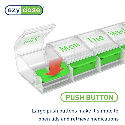 EZY DOSE Weekly (7-Day) AM/PM Daily Pill Organizer, Vitamin Case, and Medicine Container, X-Large Compartments, Arthritis Friendly, Convenient with Effortless Portability, Clear/Green Lids, BPA Free