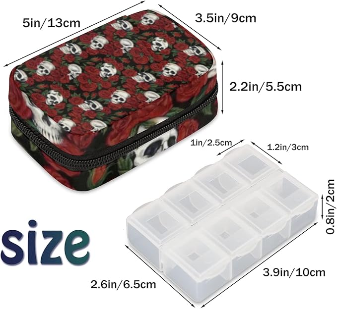 Skull Red Rose Pill Case Weekly Medicine Organizer with Travel Bag Seven-Day Pill Box Vitamin Supplement Box Fish Oil Pills Holder