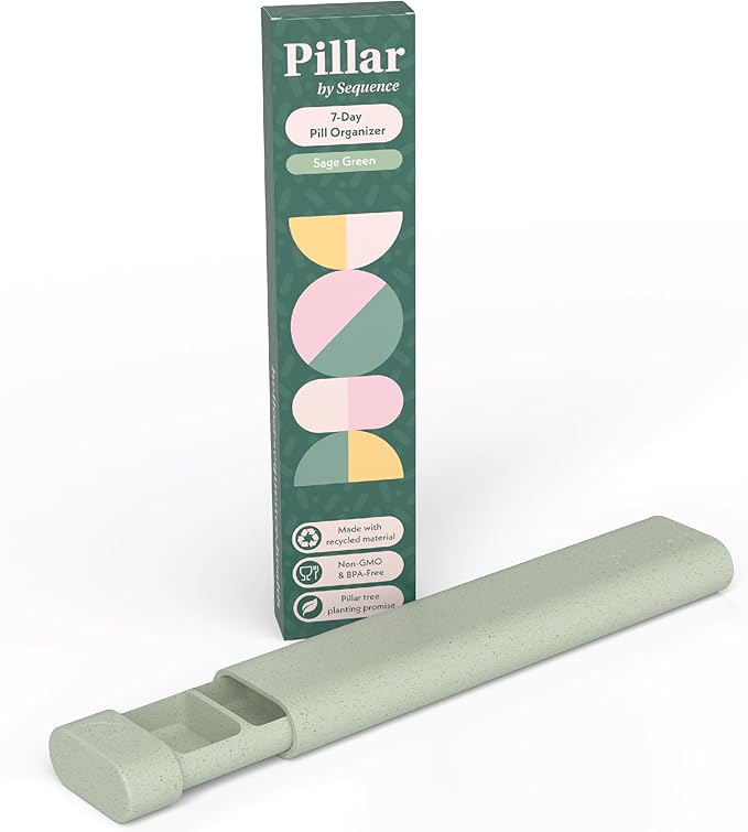 Pillar - 7 Day Pill Box Organizer | BPA-Free Wheat Straw Pill Organizer | Beautiful Tablet Organiser for Travel and Home (Sage Green)