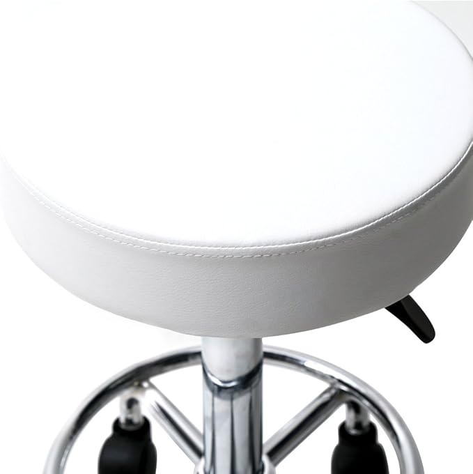 U-Kiss PU Leather Round Rolling Stool with Foot Rest Swivel Height Adjustment Medical Spa Drafting Salon Tattoo Work Office Massage Stools Task Chair (White 1)