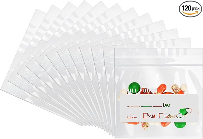 Pill Pouch Bags for Travel (120 Pack), 6 Mil BPA Free Reusable Pill Bags 3 x 2.75 inch for Medicine with Write on Label Clear Ziplock Seal Waterproof AM PM Pill Baggies for Medicine Organizer