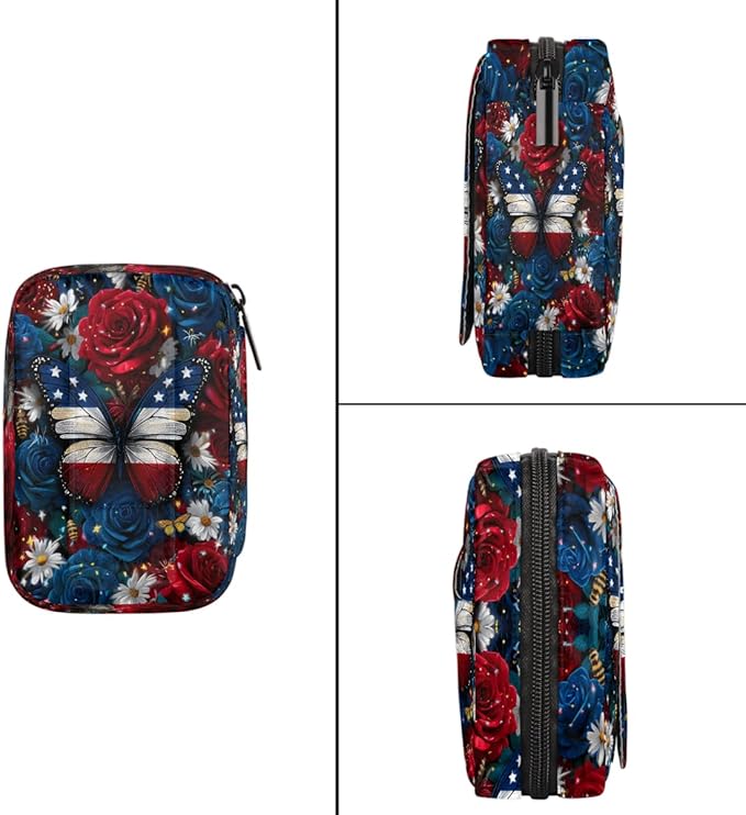 Flowers Butterflies American Flag Pill Case Everyday Travel, 7 Day Weekly Medicine Pill Box Compact Portable Pills Bottle Organizer with Zipper for Daily Vitamin Medicine Holder Bottle Organizers Bag