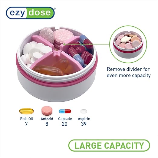 EZY DOSE Mini Vitamin Organizer, Multi Compartments, Portable and Compact Design, Easy Access Sliding Pill Dispenser, Supplement Organizer with Anti-Mix Design, Travel Friendly, Small, White and Pink