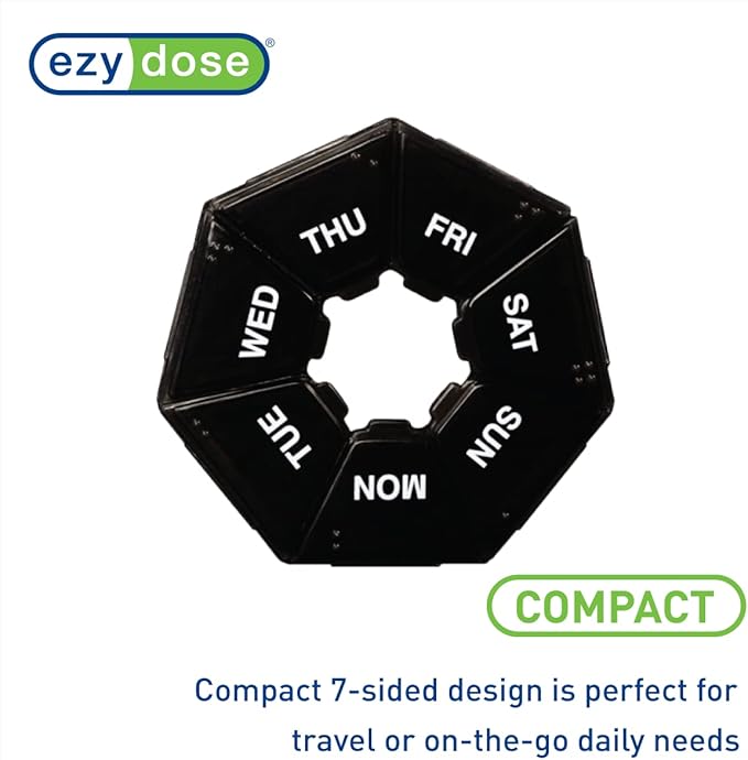 EZY DOSE 7-Day Weekly Pill Organizer, Daily Medicine Container and Vitamin Planner, Round Supplement Case, Compact, Travel Friendly, Portable Storage Sorter, 7-Sided Circle, Black, BPA Free
