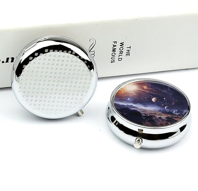 Outer Space Galaxy Universe Pill Box Travel Pill Case for Purse Pocket Weekly Medicine Organizer with Mirror 3 Compartment Round Medicine Case Portable PillcaseHolder for Daily