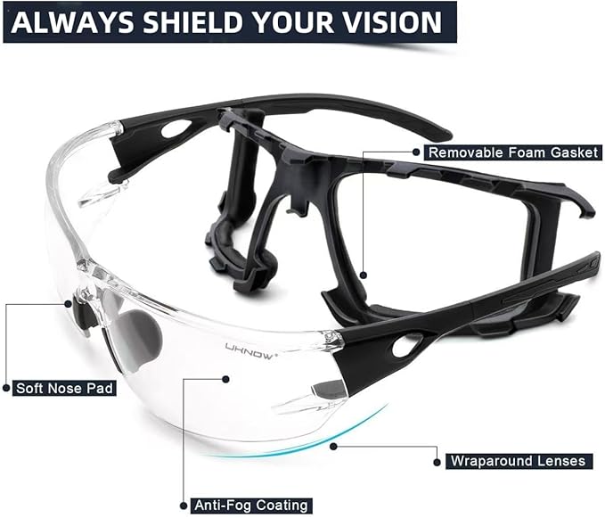 UKNOW Photochromic Safety Glasses, Scratch Resistant Wraparound Lenses, Removable Foam Gasket, ANSI Z87.1 Protective Eyewear