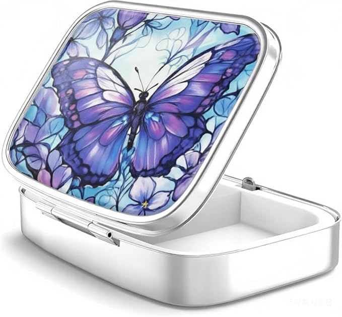 WATASSA Pill Box with Animal Style Mirror All-in-One 2-Compartment Portable Medicine Organizer, Marble Pattern Travel Pill Case for Vitamins&Daily Medication(Fits Pocket/Purse) (Purple Butterfly)