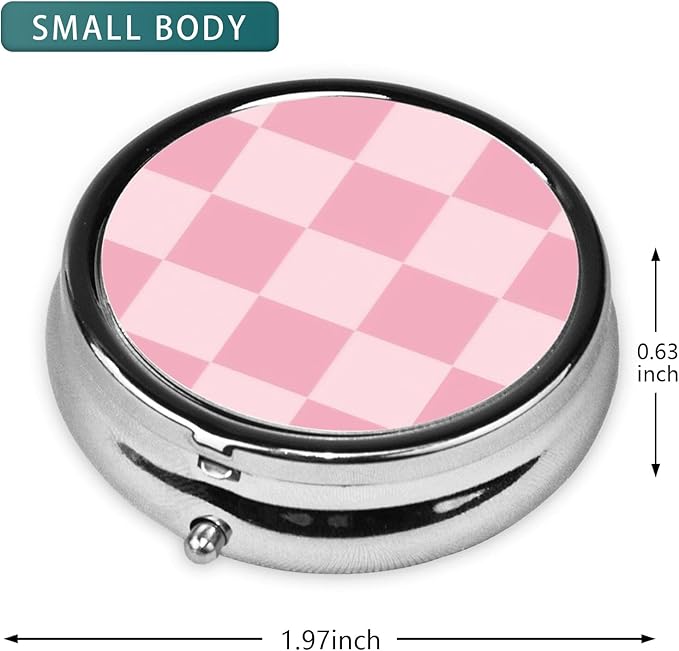 Pill Box 3 Compartment Pocket Small Pill Organizer Mini Metal Pill Holder Travel Portable for Woman - Pink Checkered Pattern