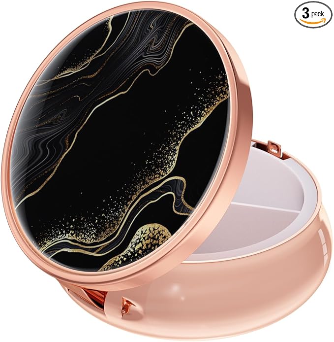 Rouidr Pill Box, 3 Compartment Medicine Pill Case, Small Metal Travel Medicine Box for Purse & Pocket, Rose Gold, Luxury Black Marble